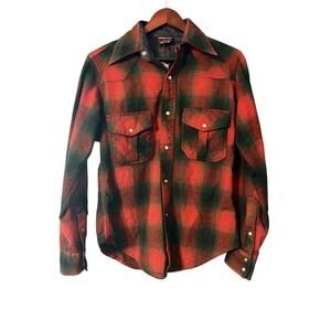 Vtg 70s Brittania Wool Shirt Womens S Brown Western Pearl Snap Flannel Plaid